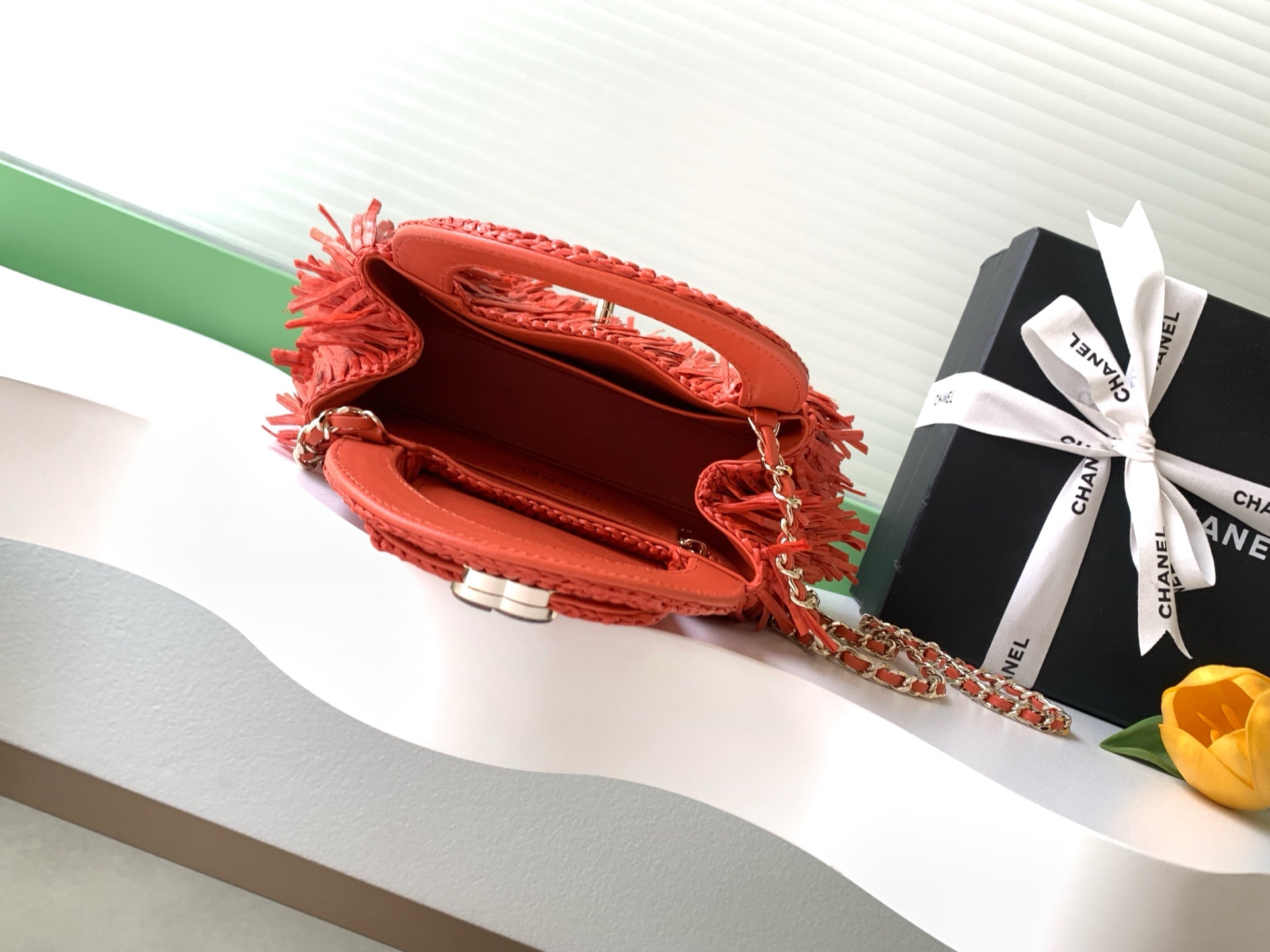CHANEL 26S SMALL FRINGE KELLY 19 IN CORAL RED RAFFIA WOOD