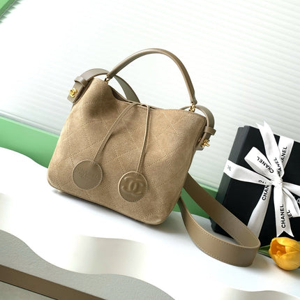 CHANEL 26S BUCKET SHOULDER BAG MEDIUM 29 IN DARK BEIGE SUEDE AND CALFSKIN GOLD HARDWARE