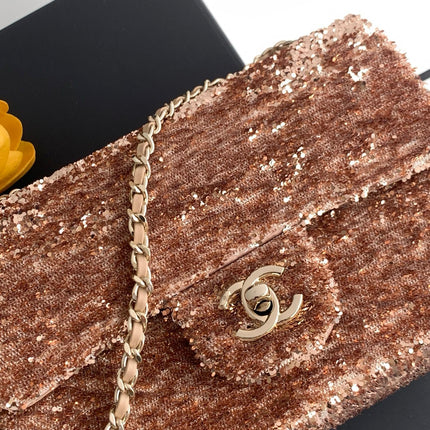 CHANEL 26S SEQUINS FLAP BAG 21 IN BROWN TWEED AND CALFSKIN GOLD HARDWARE