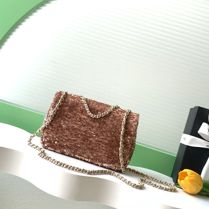 CHANEL 26S SEQUINS FLAP BAG 21 IN BROWN TWEED AND CALFSKIN GOLD HARDWARE