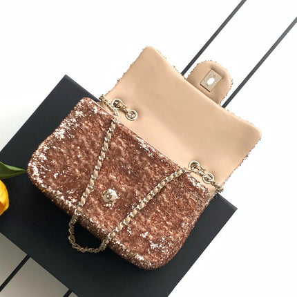 CHANEL 26S SEQUINS FLAP BAG 21 IN BROWN TWEED AND CALFSKIN GOLD HARDWARE