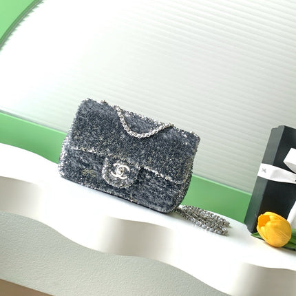 CHANEL 26S SEQUINS FLAP BAG 21 IN BLACK TWEED AND CALFSKIN SILVER HARDWARE