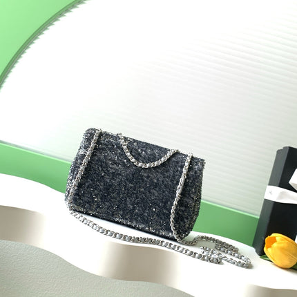 CHANEL 26S SEQUINS FLAP BAG 21 IN BLACK TWEED AND CALFSKIN SILVER HARDWARE