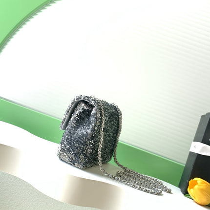CHANEL 26S SEQUINS FLAP BAG 21 IN BLACK TWEED AND CALFSKIN SILVER HARDWARE