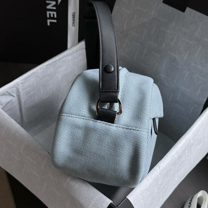 CHANEL 26S COCO BEACH SHOULDER BAG 32 IN LIGHT BLUE CANVAS WITH CALFSKIN STRAP