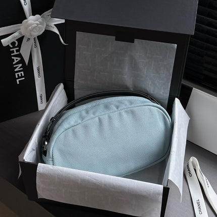 CHANEL 26S COCO BEACH SHOULDER BAG 32 IN LIGHT BLUE CANVAS WITH CALFSKIN STRAP