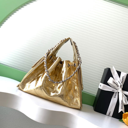 CHANEL 26S HOBO BAG 30 IN GOLD METALLIC CRINKLED CALFSKIN SILVER HARDWARE