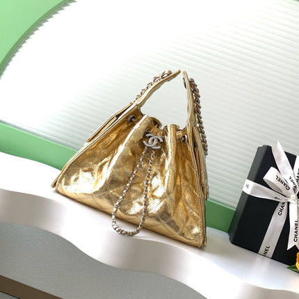 CHANEL 26S HOBO BAG 30 IN GOLD METALLIC CRINKLED CALFSKIN SILVER HARDWARE