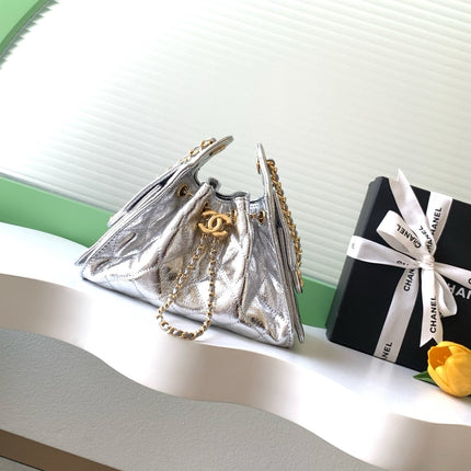 CHANEL 26S HOBO BAG 22 IN SILVER METALLIC CRINKLED CALFSKIN GOLD HARDWARE