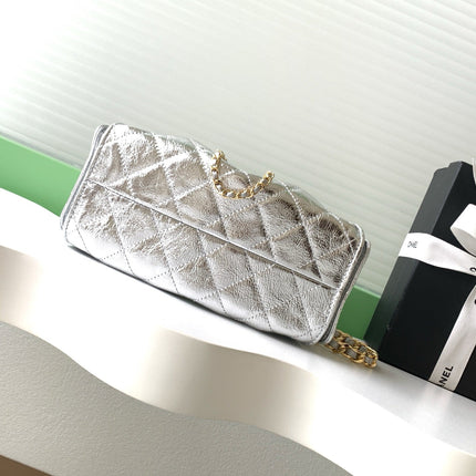 CHANEL 26S HOBO BAG 22 IN SILVER METALLIC CRINKLED CALFSKIN GOLD HARDWARE