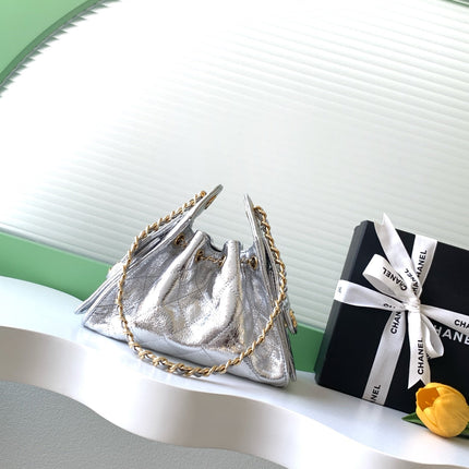 CHANEL 26S HOBO BAG 22 IN SILVER METALLIC CRINKLED CALFSKIN GOLD HARDWARE
