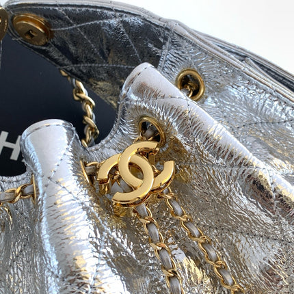 CHANEL 26S HOBO BAG 30 IN SILVER METALLIC CRINKLED CALFSKIN GOLD HARDWARE