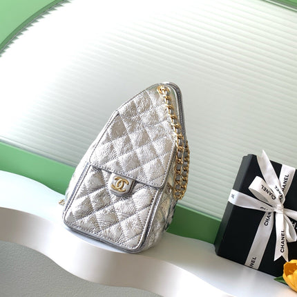 CHANEL 26S HOBO BAG 30 IN SILVER METALLIC CRINKLED CALFSKIN GOLD HARDWARE