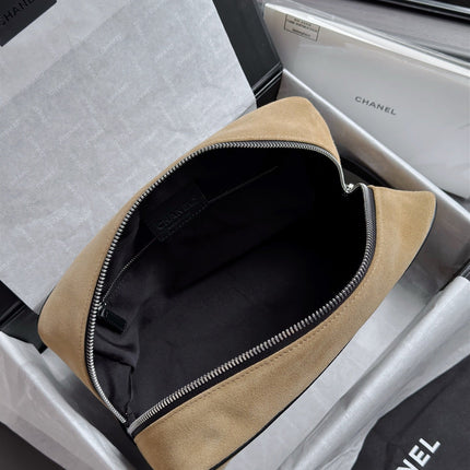 CHANEL 26S LARGE ZIP POUCH BAG 29 IN DARK BEIGE SUEDE AND CALFSKIN SILVER HARDWARE