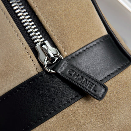 CHANEL 26S LARGE ZIP POUCH BAG 29 IN DARK BEIGE SUEDE AND CALFSKIN SILVER HARDWARE