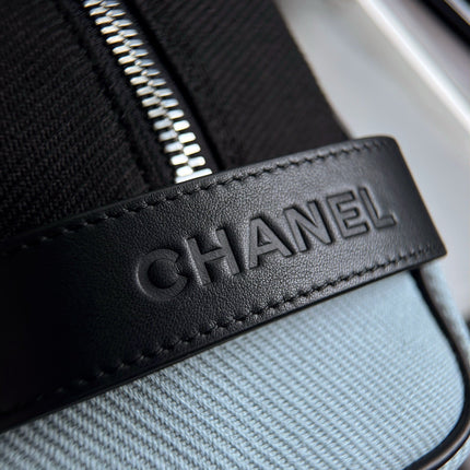 CHANEL 26S LARGE ZIP POUCH BAG 29 IN LIGHT BLUE CANVAS AND CALFSKIN SILVER HARDWARE