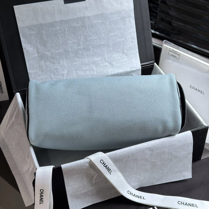CHANEL 26S LARGE ZIP POUCH BAG 29 IN LIGHT BLUE CANVAS AND CALFSKIN SILVER HARDWARE