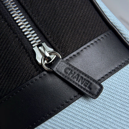 CHANEL 26S LARGE ZIP POUCH BAG 29 IN LIGHT BLUE CANVAS AND CALFSKIN SILVER HARDWARE