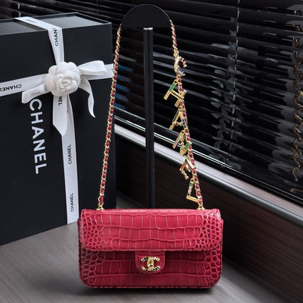 CHANEL 26S WALLET ON CHAIN 22 IN DARK RED CROCODILE-EMBOSSED CALFSKIN GOLD HARDWARE
