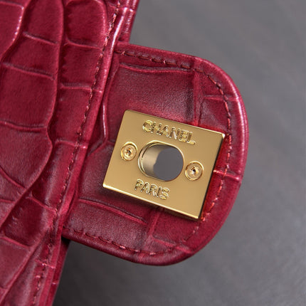 CHANEL 26S WALLET ON CHAIN 22 IN DARK RED CROCODILE-EMBOSSED CALFSKIN GOLD HARDWARE