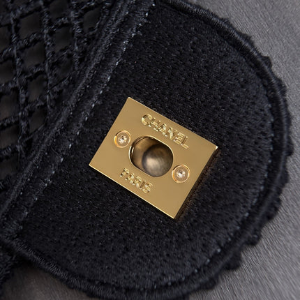 CHANEL 26S SMALL CLASSIC FLAP BAG 21 IN BLACK OPEN-WEAVE CROCHET GOLD HARDWARE