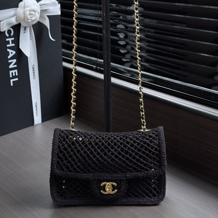 CHANEL 26S SMALL CLASSIC FLAP BAG 21 IN BLACK OPEN-WEAVE CROCHET GOLD HARDWARE
