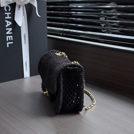 CHANEL 26S SMALL CLASSIC FLAP BAG 21 IN BLACK OPEN-WEAVE CROCHET GOLD HARDWARE