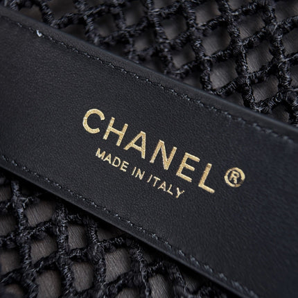 CHANEL 26S SMALL CLASSIC FLAP BAG 21 IN BLACK OPEN-WEAVE CROCHET GOLD HARDWARE