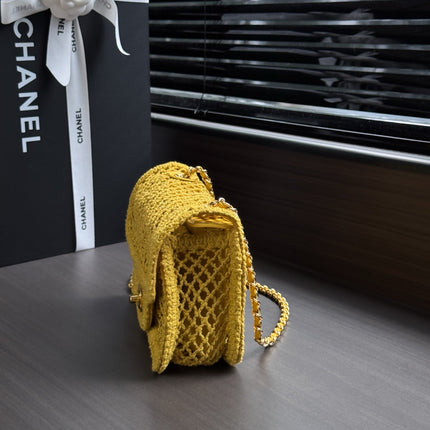 CHANEL 26S SMALL CLASSIC FLAP BAG 21 IN YELLOW OPEN-WEAVE CROCHET GOLD HARDWARE