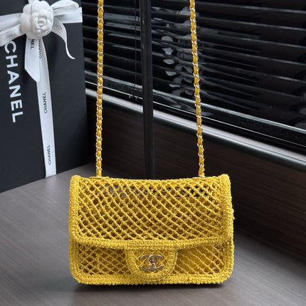 CHANEL 26S SMALL CLASSIC FLAP BAG 21 IN YELLOW OPEN-WEAVE CROCHET GOLD HARDWARE