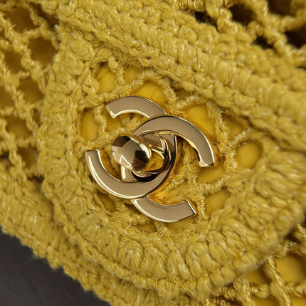 CHANEL 26S SMALL CLASSIC FLAP BAG 21 IN YELLOW OPEN-WEAVE CROCHET GOLD HARDWARE