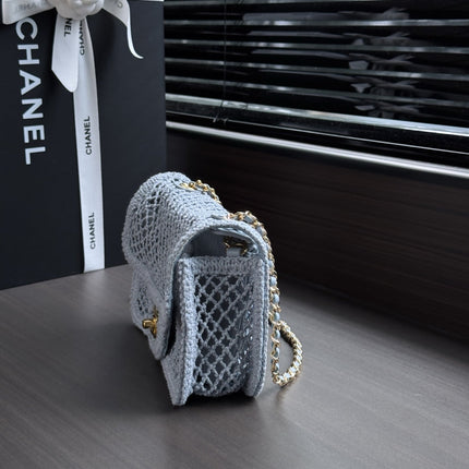 CHANEL 26S SMALL CLASSIC FLAP BAG 21 IN LIGHT BLUE OPEN-WEAVE CROCHET GOLD HARDWARE