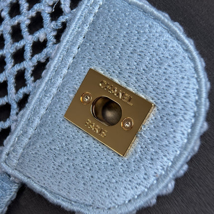 CHANEL 26S SMALL CLASSIC FLAP BAG 21 IN LIGHT BLUE OPEN-WEAVE CROCHET GOLD HARDWARE