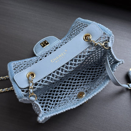 CHANEL 26S SMALL CLASSIC FLAP BAG 21 IN LIGHT BLUE OPEN-WEAVE CROCHET GOLD HARDWARE
