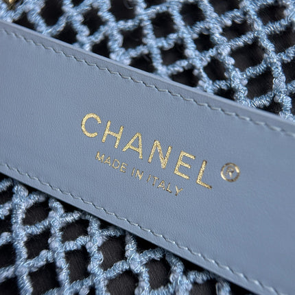 CHANEL 26S SMALL CLASSIC FLAP BAG 21 IN LIGHT BLUE OPEN-WEAVE CROCHET GOLD HARDWARE
