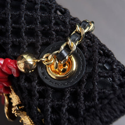 CHANEL 26S SMALL FLAP BAG 21 IN BLACK MESH-WOVEN RAFFIA AND CALFSKIN GOLD HARDWARE
