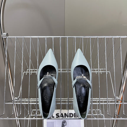 HM 26S KELLY BUCKLE MARY JANE POINTED FLATS IN LIGHT BLUE CALFSKIN