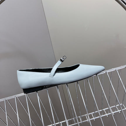 HM 26S KELLY BUCKLE MARY JANE POINTED FLATS IN LIGHT BLUE CALFSKIN