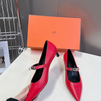 HM 26S MARY JANE POINTED TOE HEELS 40MM IN RED CALFSKIN KELLY BUCKLE