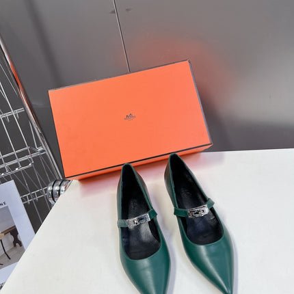 HM 26S MARY JANE POINTED TOE HEELS 40MM IN EMERALD GREEN CALFSKIN KELLY BUCKLE
