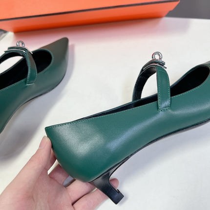 HM 26S MARY JANE POINTED TOE HEELS 40MM IN EMERALD GREEN CALFSKIN KELLY BUCKLE