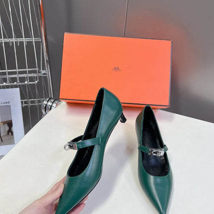 HM 26S MARY JANE POINTED TOE HEELS 40MM IN EMERALD GREEN CALFSKIN KELLY BUCKLE