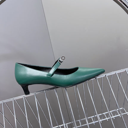 HM 26S MARY JANE POINTED TOE HEELS 40MM IN EMERALD GREEN CALFSKIN KELLY BUCKLE