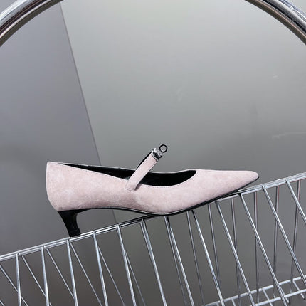 HM 26S MARY JANE POINTED TOE HEELS 40MM IN TAUPE BROWN SUEDE KELLY BUCKLE
