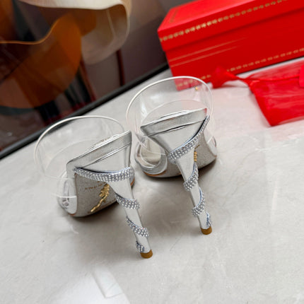 RENE CAOVILLA 26S HEELED SANDALS 95 MM IN SILVER LAMBSKIN AND TRANSPARENT PVC