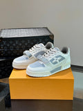 LV TRAINER SNEAKERS IN WHITE CALFSKIN AND LIGHT BLUE SUEDE
