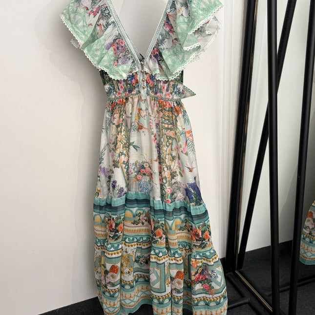 ZIMMERMANN 26S RUFFLE-SLEEVE FLORAL MIDI DRESS 251