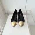 CHANEL 26S BALLET FLATS IN BLACK SUEDE WITH GOLD TOE CAP AND BOW