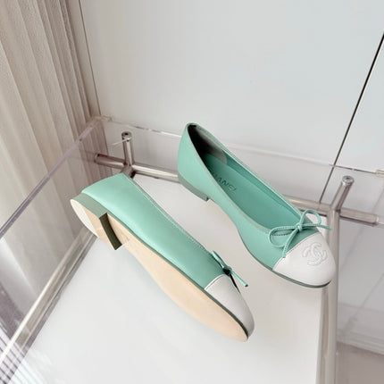 CHANEL 26S BALLET FLATS IN MINT GREEN CALFSKIN WITH WHITE TOE CAP AND BOW