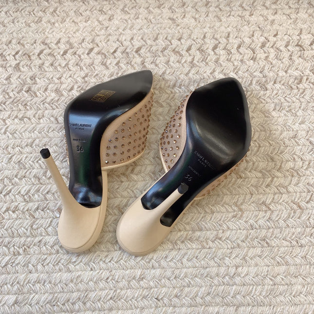 LA 16 HEELED MULES ATTACHED RHINESTONES IN CREAM MESH